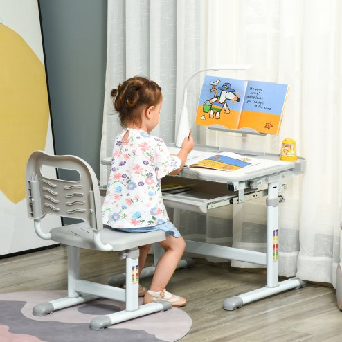 HOMCOM Kids Desk and Chair Set, Height Adjustable Study Desk with USB Lamp, Storage Drawer for Study, Grey and White
