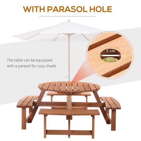 Outsunny 8 Seater Wooden Picnic Table and Garden Benches Set, Round Garden Dining Set with 4 Benches and Umbrella Hole Outdoor Garden Park, Brownish Red