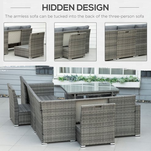 Outsunny 10 Seater Rattan Dining Set with Expandable Table and Nesting Chairs, Rattan Garden Furniture Set with Cushions, Outdoor Dining Table and Chairs, Sectional Corner Sofa Set, Grey