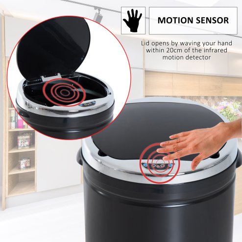 HOMCOM 50L Sensor Bin for Kitchen Waste Automatic Dustbin Motion Detection Dustbin Stainless Steel Rubbish Can with Bucket, Black