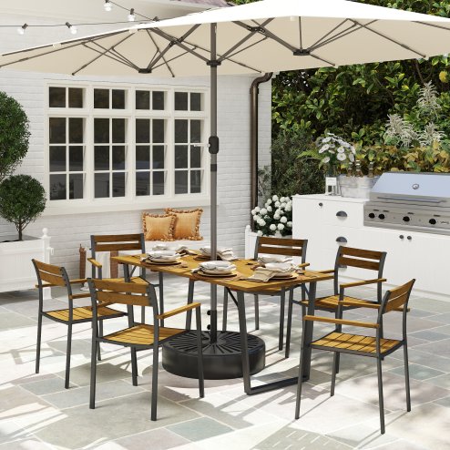 Outsunny 7 Piece Garden Dining Set, Fir Wood Garden Furniture Set with Rectangle Table and 6 Stackable Chairs, Umbrella Hole, Slatted Top and Steel Frame, for Patio Balcony Porch, Brown