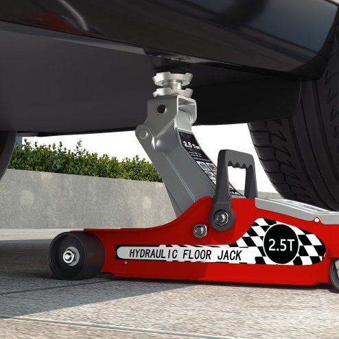 HOMCOM Hydraulic Low Profile Floor Jack, 2.5 Tonne Heavy Duty Steel Trolley Car Jack Lift with 80-360 mm Lifting Range, Wheels, Top Handle, Red