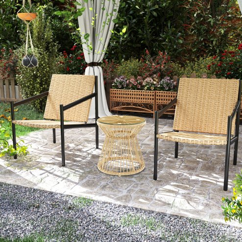 Outsunny Outdoor Coffee Table, Round PE Rattan Side Table with Tempered Glass Table Top, Hollow Drum Design for Garden, Balcony, Patio, Natural