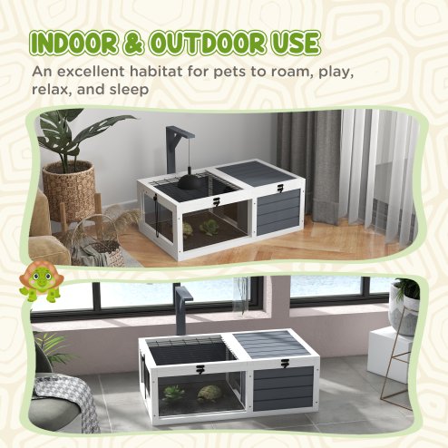 PawHut Tortoise House, Wooden Tortoise Table, Tortoise Enclosure with Wooden Lamp Holder, Openable Lids, Pull-Out Trays - Grey