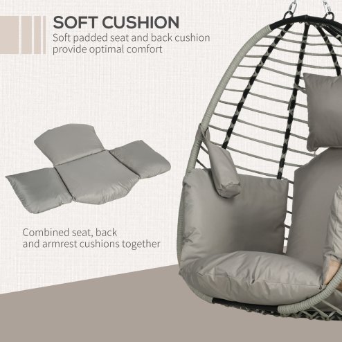 Outsunny Outdoor Swing Chair with Thick Padded Cushion, Patio Hanging Egg Chair with Metal Stand, Foldable Basket, Cup Holder, Rope Structure for Indoor & Outdoor, Grey