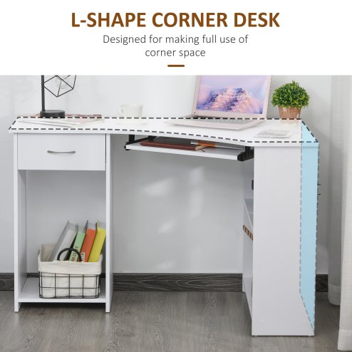 HOMCOM L-Shaped Corner Computer Desk w/ 2 Shelves Wide Worktop Keyboard Tray Drawer & CPU Stand Home Office Study Bedroom Furniture