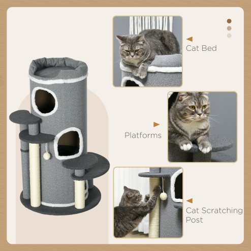 PawHut Cat Tree for Indoor Cats, 3 Tier Cat Tower Barrel Shaped with Sisal Scratching Posts, Cat Bed, Platforms, Hanging Ball, Grey
