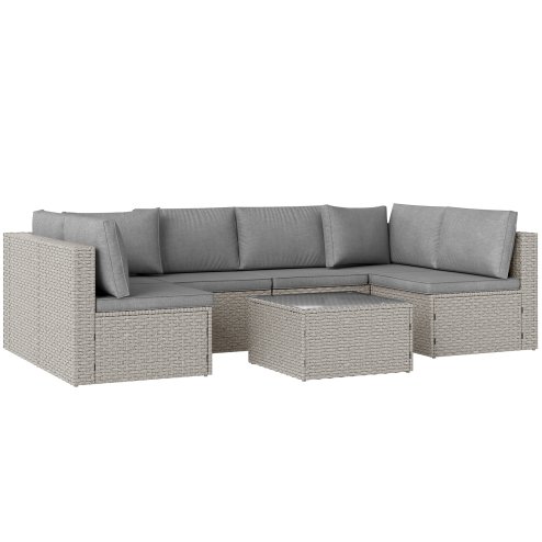 Outsunny 7 Pieces Rattan Garden Furniture Set, 6 Seater Garden Corner Sofa with Wide Seat, Cushions and Glass Top Table, Sectional Outdoor Furniture Conservatory Set for Patio, Grey