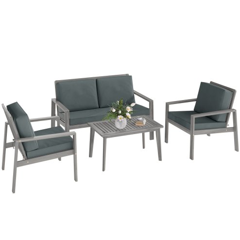 Outsunny 4 Pieces Garden Furniture Set with Cushions, Wooden Garden Sofa Set with 1 Loveseat, 2 Armchairs and 1 Coffee Table, Outdoor Table and Chairs for Conservatory, Balcony, Patio, Light Grey