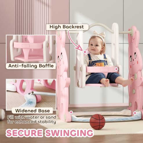 AIYAPLAY Toddler Slide and Swing Set 4 in 1 with Climber, Basketball Hoop, Kids Slide for Age 1.5-4, Children Activity Centre Playground for Indoor Outdoor Garden, Rabbit Themed, Pink