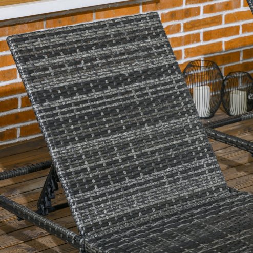 Outsunny Rattan Sun Lounger Set of 2, 5-Level Adjustable Garden Lounger Recliner with Cushion and Headrest, Outdoor Reclining Sunbed, Steel Frame Garden Chair for Patio, Beach, Terrace, Dark Grey