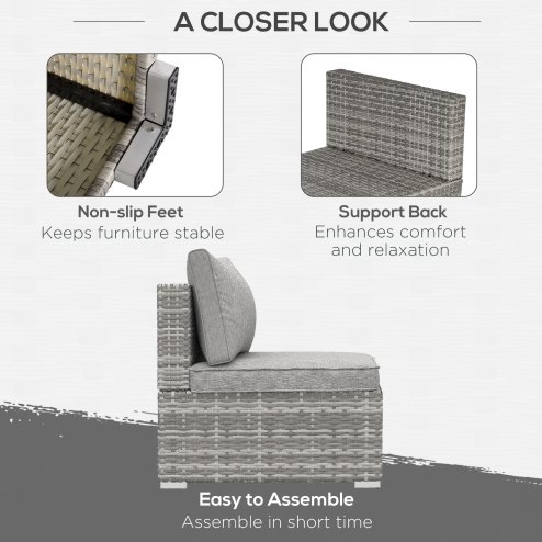 Outsunny Armless Rattan Garden Chair, Outdoor Rattan Chair with Cushions, PE Wicker Garden Furniture with Steel Frame, Adjustable Footpads for Garden, Terrace, Light Grey