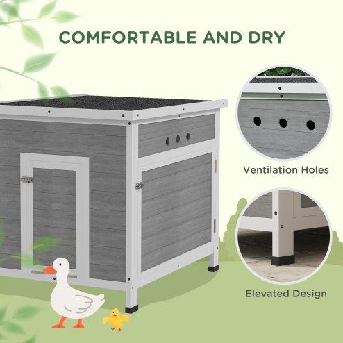 PawHut Wooden Duck House, Raised Poultry Coop with Ramp, Double Doors, Openable Asphalt Roof, Ventilation Holes, Removable Base, for 2-4 Ducks, Chickens, Geese, Light Grey