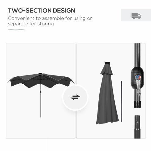 Outsunny 3(m) Garden Parasol Umbrella with 32 Solar LED Lights and Tilt, Outdoor Market Table Umbrella Sun Shade Canopy with Crank, 8 Ribs, Dark Grey