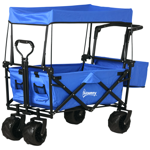 Outsunny 120L Festival Trolley on Wheels, Folding Camping Trolley Cart with Removable Canopy, All-Terrain Wheels, Adjustable Handle and Side Pockets for Garden Beach Fishing Shopping, Blue Image