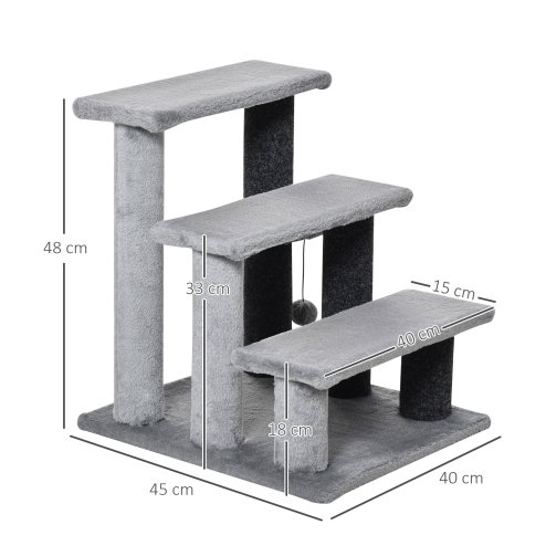 PawHut Pet Stairs, Cat Tree Climb Ladder with 3-step Stair, Scratching Posts, Platforms, Toy Ball, for Indoor Cats, Grey