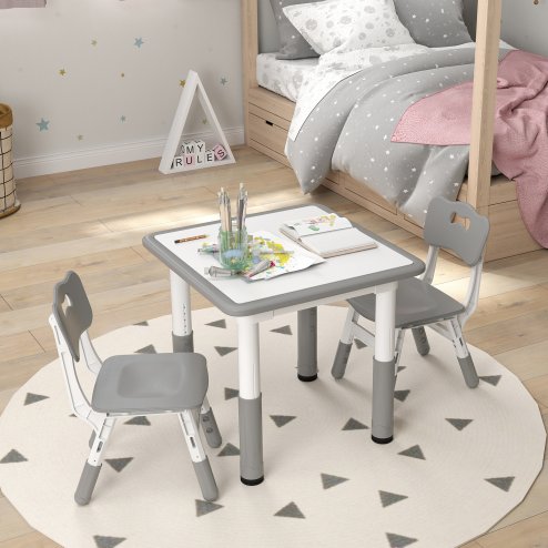AIYAPLAY Kids Table and Chair Set, 3 Pcs Height Adjustable Activity Table Set with 2 Chairs, Easy to Wipe Arts & Crafts Table, for Classrooms, Daycares, Homes - Grey