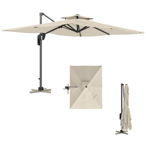 Outsunny 3.7 x 2.7 m Cantilever Parasol w/ 360 Rotation and Easy Tilt Adjustment, Aluminium Hanging Offset Outdoor Umbrella w/ Double Top and Cross Base, UPF50+ Hanging Sun Shade, Black