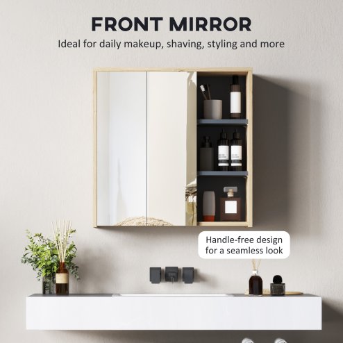 HOMCOM Bathroom Mirror Cabinet, Wall Mounted Bathroom Cabinet with Mirror, 2 Doors and Cupboards, Natural