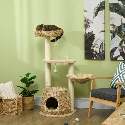 PawHut Cat Tree Tower for Indoor Cats, Climbing Activity Centre, Kitten Furniture with Cattail Fluff Bed House, Sisal Scratching Post, Hanging Ball, 50 x 50 x 119cm, Natural Tone