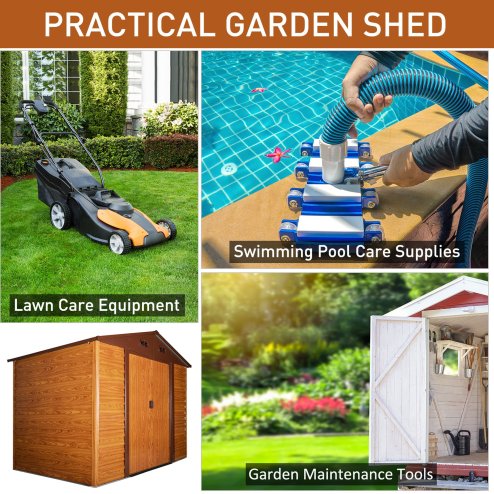 Outsunny 9 x 6ft Metal Garden Shed, House Hut Gardening Tool Storage with Ventilations, Sliding Door, Sloped Roof for Garden, Patio, Brown