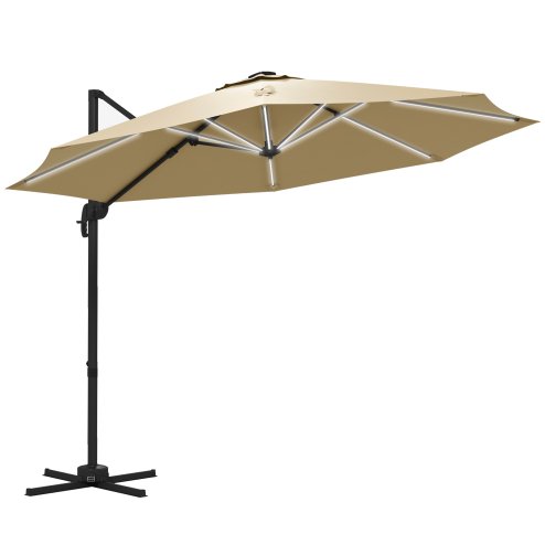 Outsunny 3(m) Cantilever Roma Parasol Adjustable Garden Sun Umbrella with LED Solar Light, Aluminium Frame, Tilt & Crank, UV50+, Cross Base Rotating Outdoor- Khaki