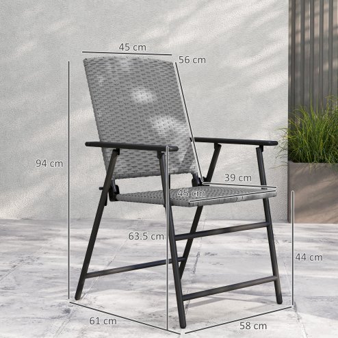 Outsunny Folding Garden Chairs Set of 2, PE Rattan Garden Dining Chairs with Armrests, High Back and Steel Frame, Weather Resistant Outdoor Dining Furniture for Patio, Balcony, Grey