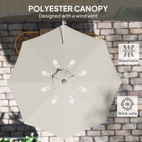 Outsunny 3 M Wall Mounted Garden Parasol Umbrella with Rotate, Outdoor Market Umbrella Sun Shade Canopy with 8 Ribs, Light Grey