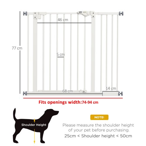PawHut Dog Gate Stair Gate Pressure Fit Pets Barrier Auto Close for Doorway Hallway, 74-94cm Wide Adjustable, White