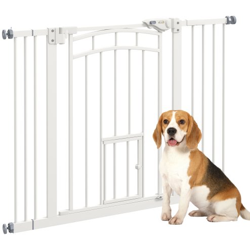 PawHut Dog Stair Gate Pet Barrier with Small Cat Door, Pressure Fit Safety Gate  with Auto Closing System, Double Locking, for Hallways, 74-100 cm Openings - White