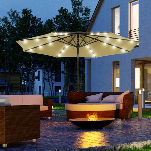 Outsunny 2.7m Patio Garden Umbrella Outdoor Parasol Outdoor Market Table Umbrella with Tilt Crank and 24 LEDs Lights (Brown)