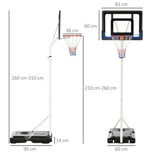 SPORTNOW Height Adjustable Basketball Hoop and Stand w/ Plastic Backboard and Weighted Base, Portable on Wheels, 2.6-3.1m, White