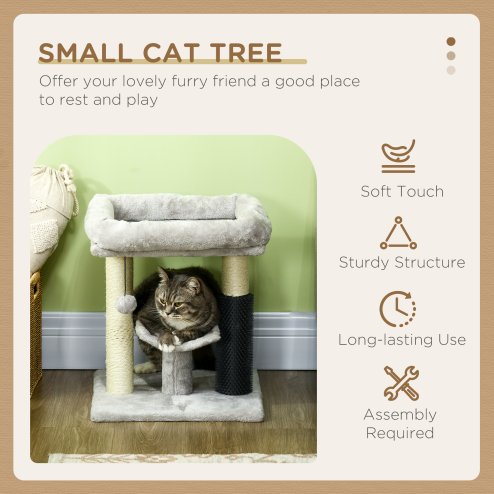 PawHut Small Cat Tree for Indoor Cats, Cat Scratching Post with Bed, Self Groomer, Toy - Grey