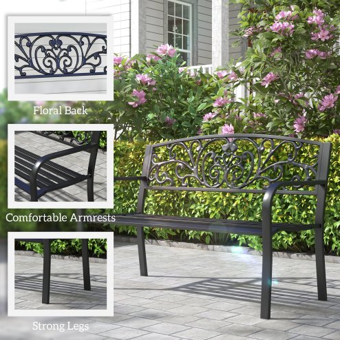 Outsunny Garden Bench, 2 Seater Metal Outdoor Bench Seat, Patio Loveseat with Armrests, Floral Backrest and Slatted Seat, 240 KG Capacity for Park, Porch, Black