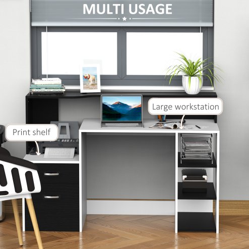 HOMCOM Computer Desk with Drawers and Storage Shelves, Office Desk Writing Table with Printer Stand, Large Workstation for Study Play Work Home Office, 137 x 55 x 92cm, Black and White