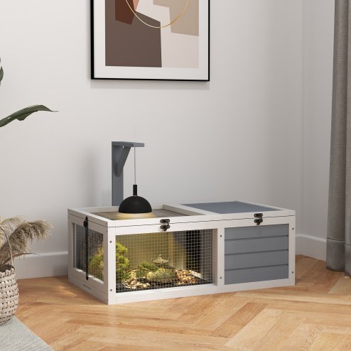PawHut Tortoise House, Wooden Tortoise Enclosure, Tortoise Habitat with Lamp Holder, 2 Pull-Out Trays, Hideaway, Run, for Indoor, Outdoor, Light Grey Image
