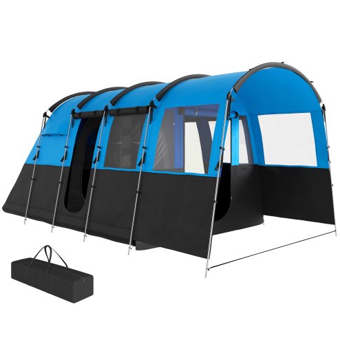 Outsunny 8-Person Camping Tent, Waterproof Family Tent, Tunnel Design, 4 Large Windows, Sleeping Cabins, 3000mm Water Column, Top Hook, Portable with Carry Bag, Blue