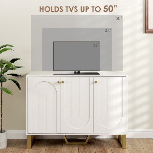 HOMCOM Sideboard with 3 Doors, Modern Storage Cabinet with Adjustable Shelves & Centre Leg for Living Room, Dining Room, Kitchen, TV Cabinet for 50 Inch TV, White