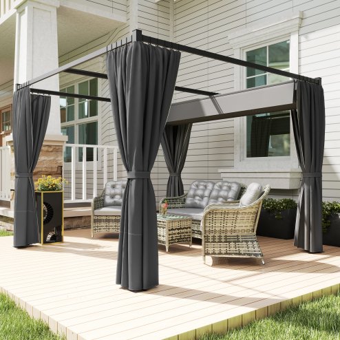 Outsunny 3 x 3(m) Pergola with Retractable Roof Canopy and Curtains, Metal Frame Garden Gazebo Outdoor Sun Shade Shelter for Grill, Patio, Deck, Charcoal Grey