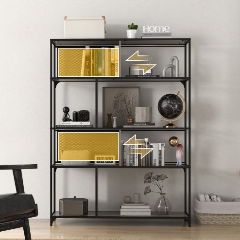 HOMCOM 5 Tier Book Shelf with Sliding Mesh Doors, Industrial Storage Shelves, Metal Shelving Unit for Living Room, Study, Bedroom, Grey Wood Grain
