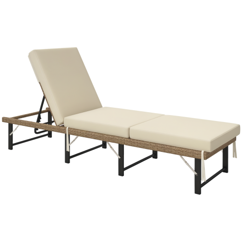 Outsunny Folding Rattan Sun Lounger, 6-Level Adjustable Garden Lounger Recliner with Cushion, Outdoor Reclining Sunbed, Garden Chair with Steel Frame for Patio, Beach, Terrace, Natural