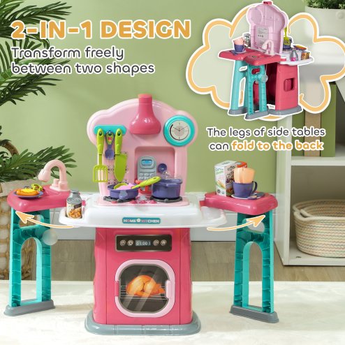AIYAPLAY Toy Kitchen, 45-Piece Kids Kitchen with Rotating Side Tables, Toddler Pretend Role Play Kitchen with Light, Sounds, Spray Effect for Ages 3-6 Years, Pink
