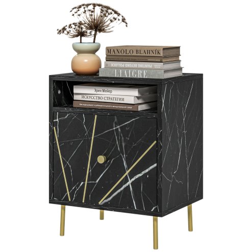 HOMCOM Marble Effect Bedside Table, Modern Side Table with Drawer, Open Shelf and Gold Tone Metal Legs for Bedroom, Living Room, Black