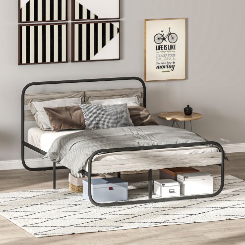 HOMCOM 5ft King Size Bed Frame, Industrial Style Metal Platform Bed Frame with Under Bed Storage, No Box Spring Needed, Easy Assembly, Grey