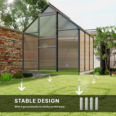Outsunny Polycarbonate Greenhouse, Small Greenhouse with Adjustable Roof Vent, Garden Green House with Galvanised Base, Sliding Door and Rain Gutter, 190 x 190 x 200 cm, Grey