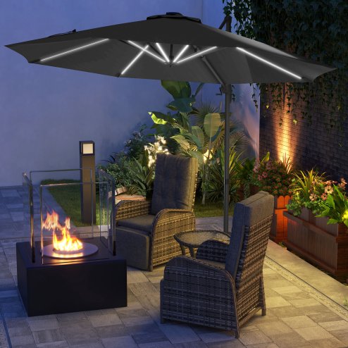 Outsunny 3(m) Cantilever Roma Parasol Adjustable Garden Sun Umbrella with LED Solar Light, Aluminium Frame, Tilt & Crank, UV50+, Cross Base Rotating Outdoor- Dark Grey