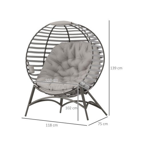 Outsunny Egg Chair with Soft Cushion, Outdoor Lounge Chair with Steel Frame and Side Pocket, Garden Leisure Seat for Indoor, Outdoor, Light Grey