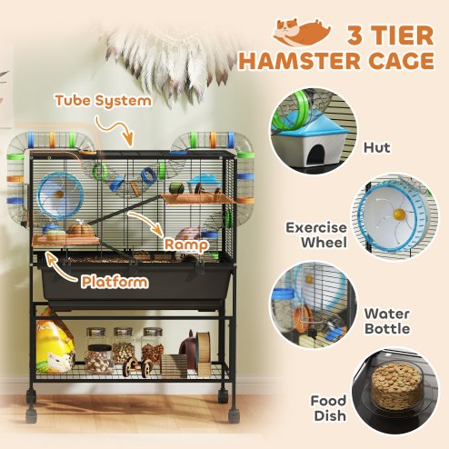 PawHut Hamster Cage, 3 Tier Large Gerbil Cage on Wheels with 17 cm Deep Tray, Storage Shelf, Big Exercise Wheel, Tube System, Hut, Platforms, Ramps, Food Dish, Water Bottle, for Syrian Hamsters, Rats