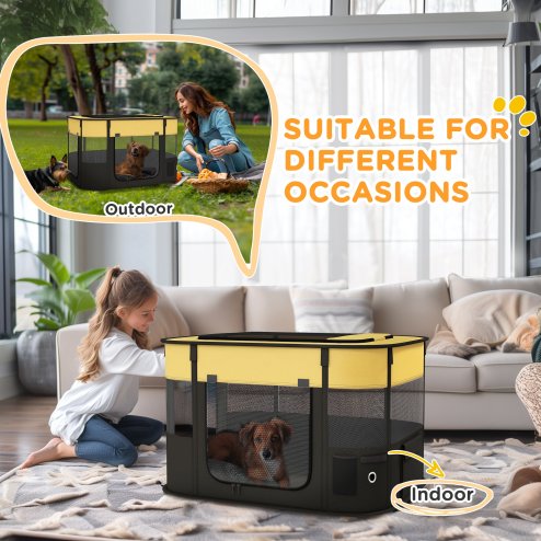 PawHut Dog Pen, Pet Playpen, Portable Foldable Dog Cat Playpen Soft Pet Cage with Storage Bag for Puppies, Rabbits, Kittens, Guinea Pigs, 84 x 64 x 53cm - Yellow