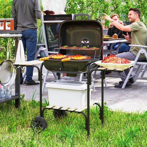Outsunny Charcoal Barbecue Grill Portable BBQ Grill with 1840 cm? Cooking Area, 3 Shelves, Adjustable Vent, Lockable Lid, Wheels for Outdoor Cooking, Garden Party, Red